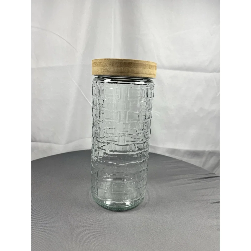 Glass Storage Canister Wood‎ Lid Tall Weaved Basket Pattern